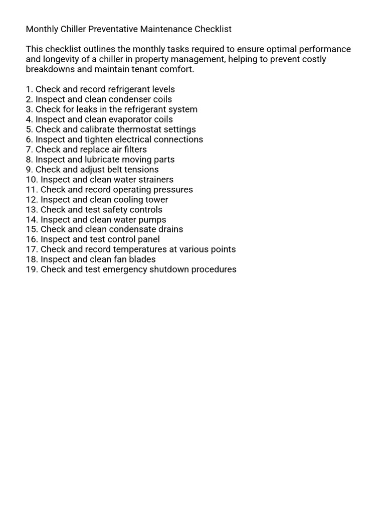 Monthly Chiller Preventative Maintenance Checklist PDF