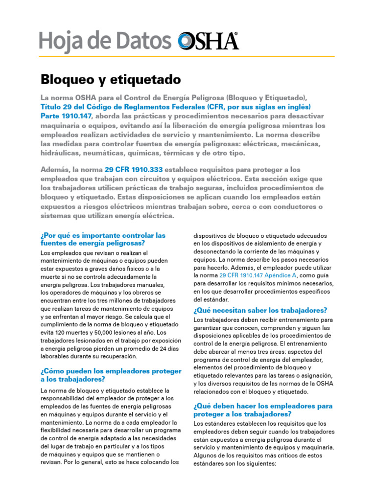 Normas OSHA: Bloqueo y Etiquetado | PDF | Administración de Seguridad y ...