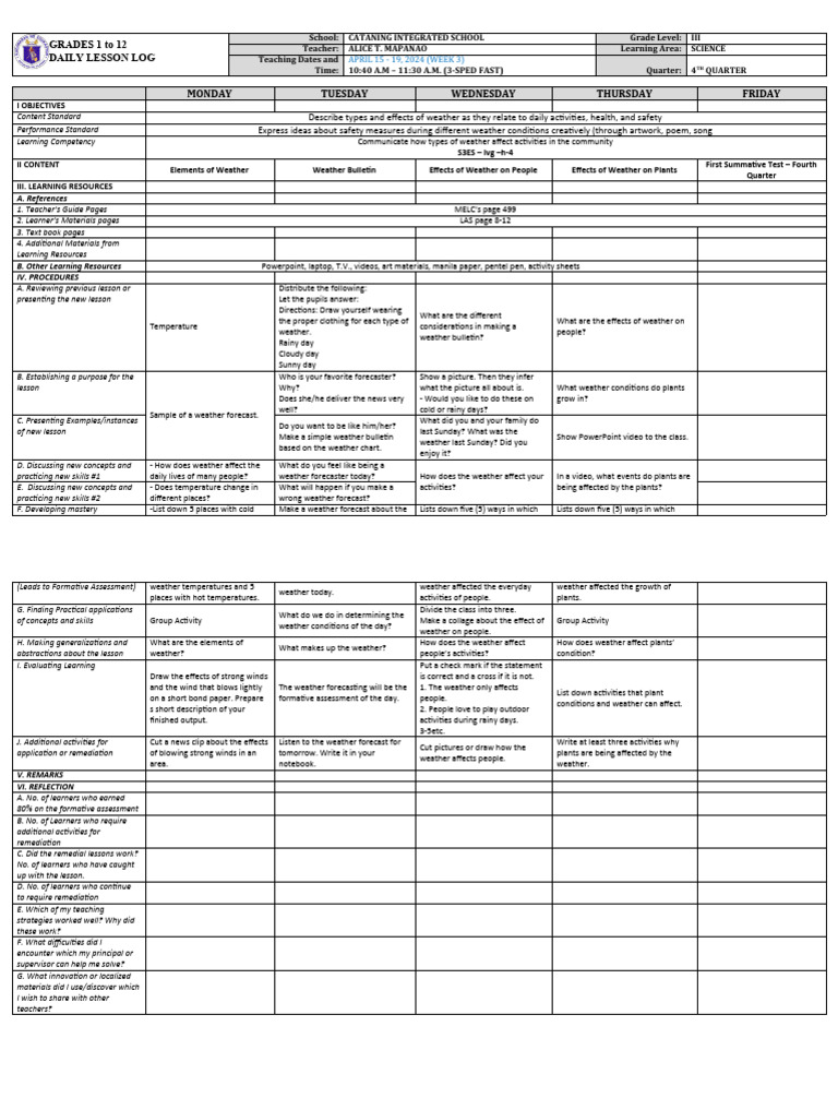 English DLL - SCIENCE 3 - Q4 - W3 | PDF | Weather | Learning