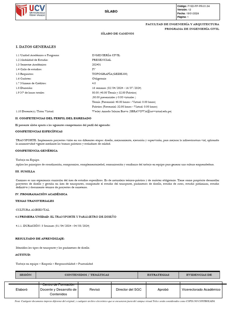 Silabo CAMINOS | PDF | Curva | Aprendizaje