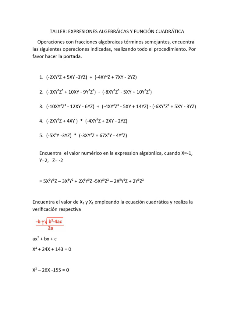 Taller de Expresiones Algebraicas y Funciones | PDF