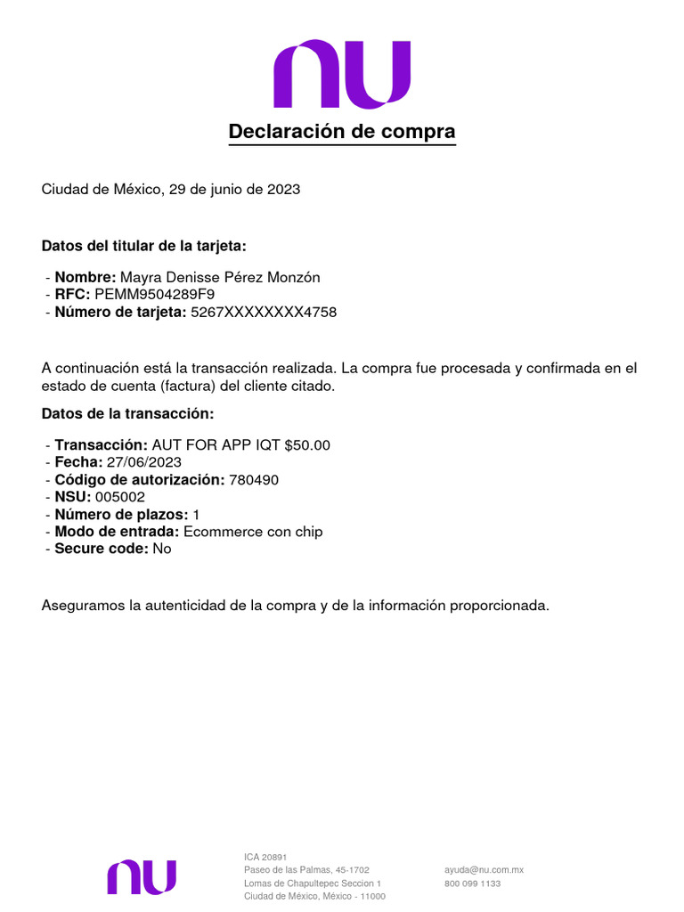 Declaración de compra de tarjeta en México | PDF