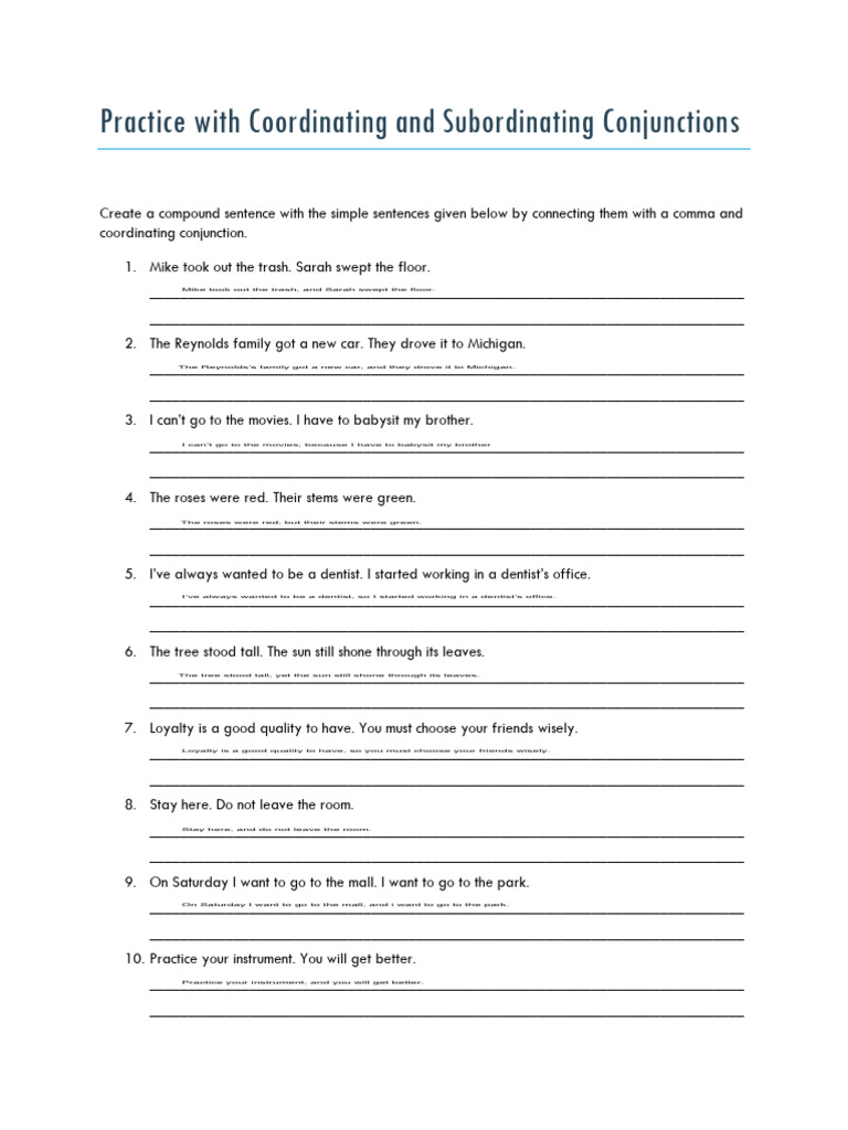 Conjunctions Practice Exercises | PDF | Linguistics | English Grammar
