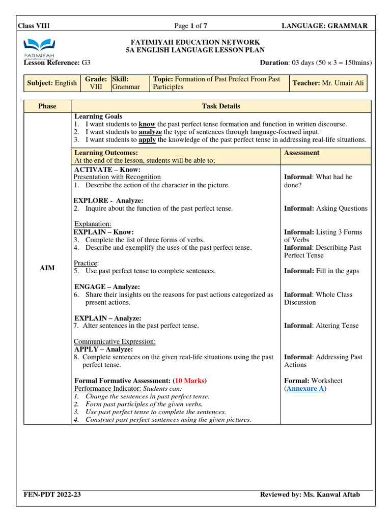Past Perfect Tense Lesson Plan for Grade VIII | PDF | Perfect (Grammar ...