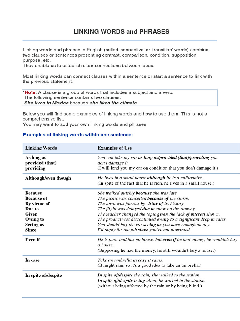 Linking Words | PDF | Sentence (Linguistics) | Phrase