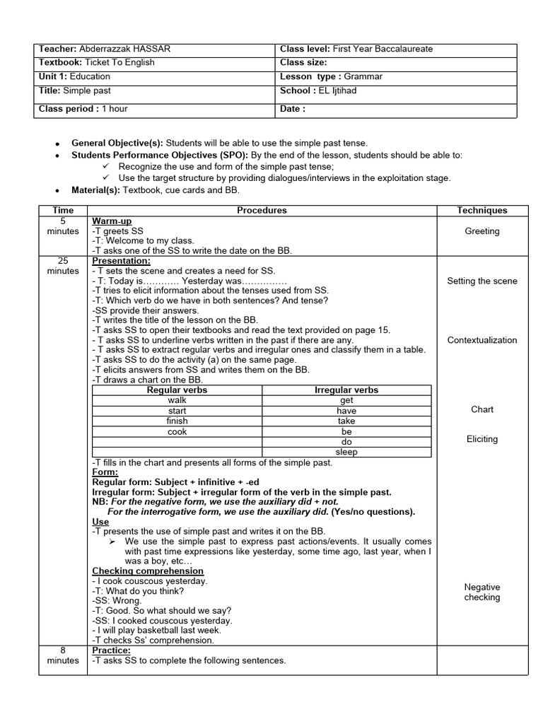 Unit 1 Simple Past Lesson Plan First Yea | PDF | Linguistics | Language ...