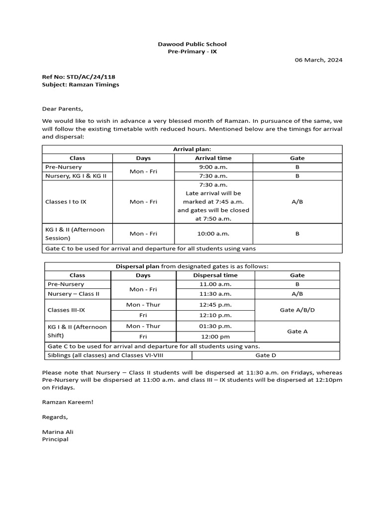 Pre Primary School Timings