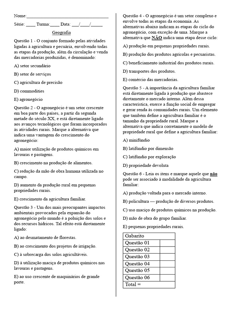 Questões sobre Agronegócio e Agricultura Familiar | PDF | Agricultura ...