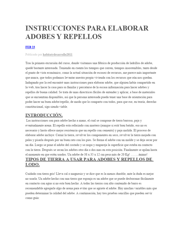Instrucciones para Elaborar Adobes y | PDF | Barro | Mortero (Albañilería)