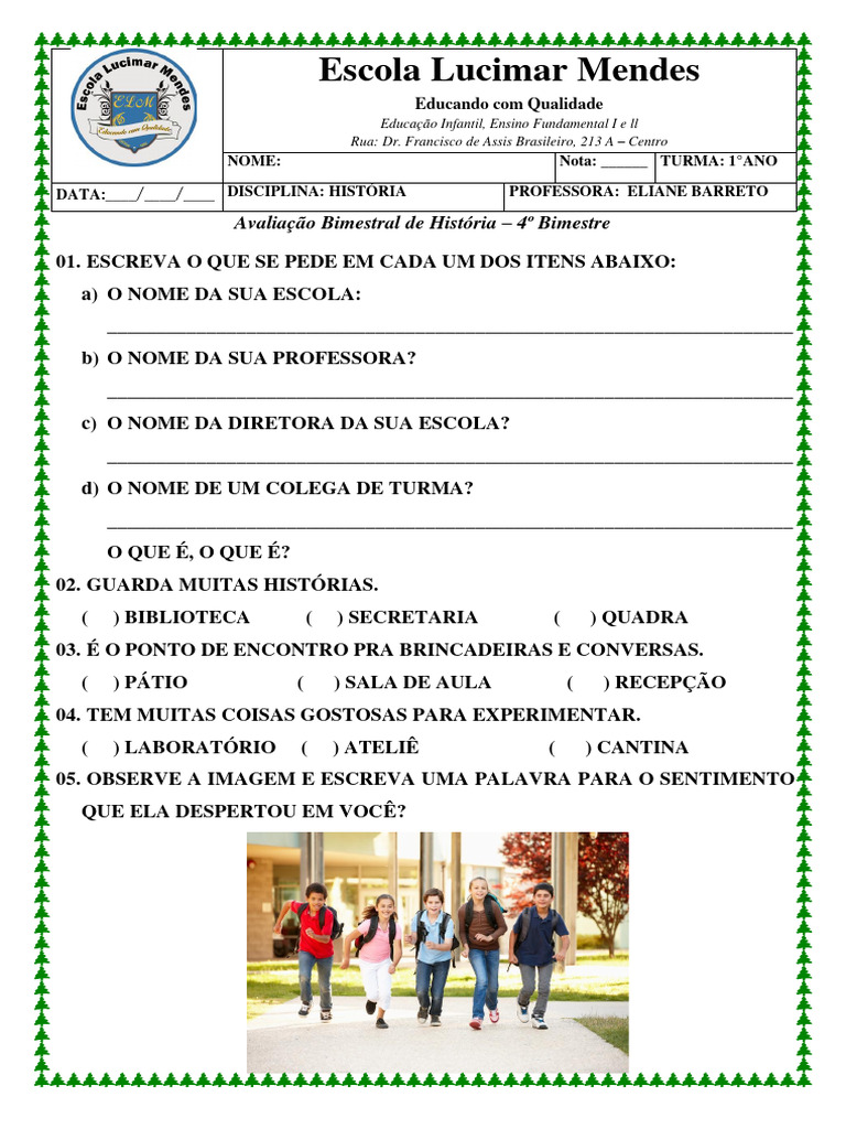 PROVA DEZEMBRO HISTORIA 1º ANO | PDF