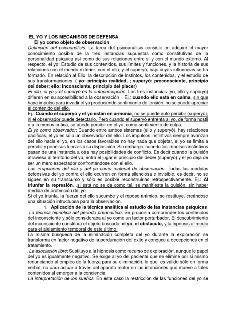 El Yo y Mecanismos de Defensa en Psicoanálisis | PDF | Carné de ...