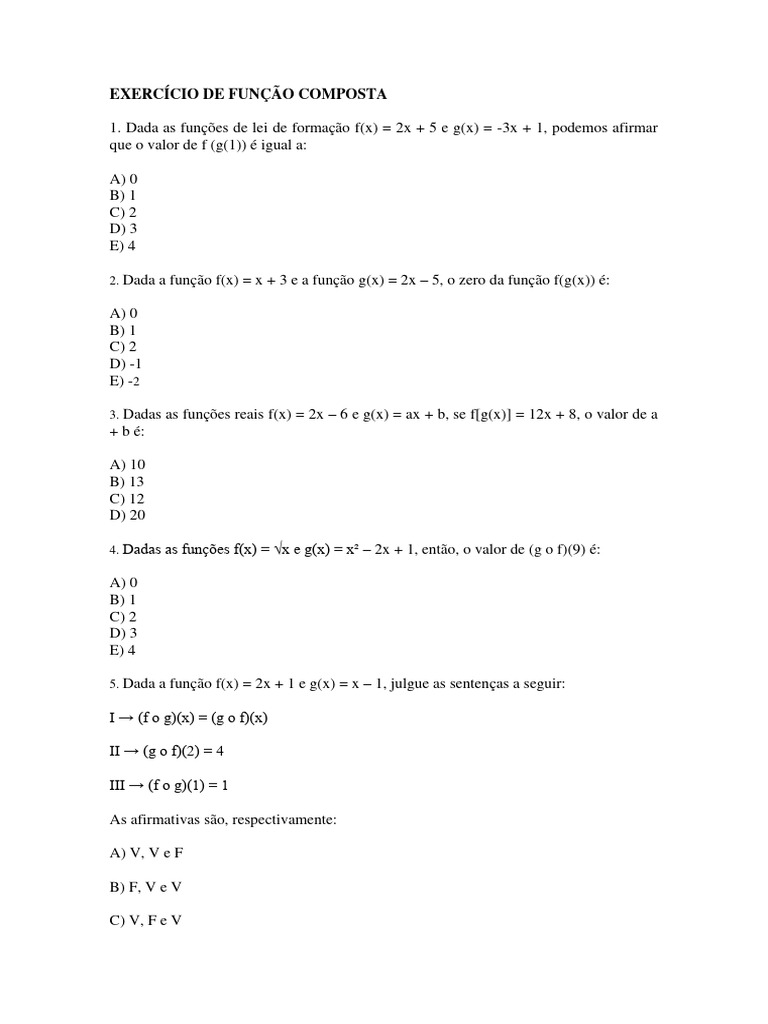 Exercícios de Função Composta | PDF