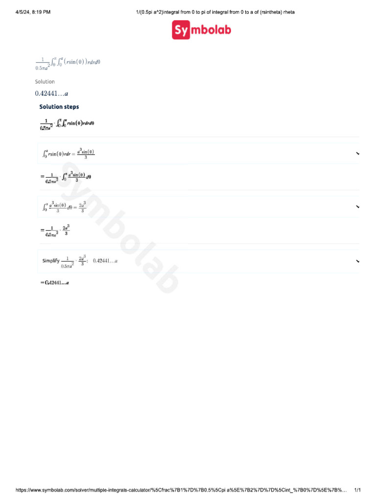 1 0 5pi a 2 integral from 0 to pi of integral from 0 to a of