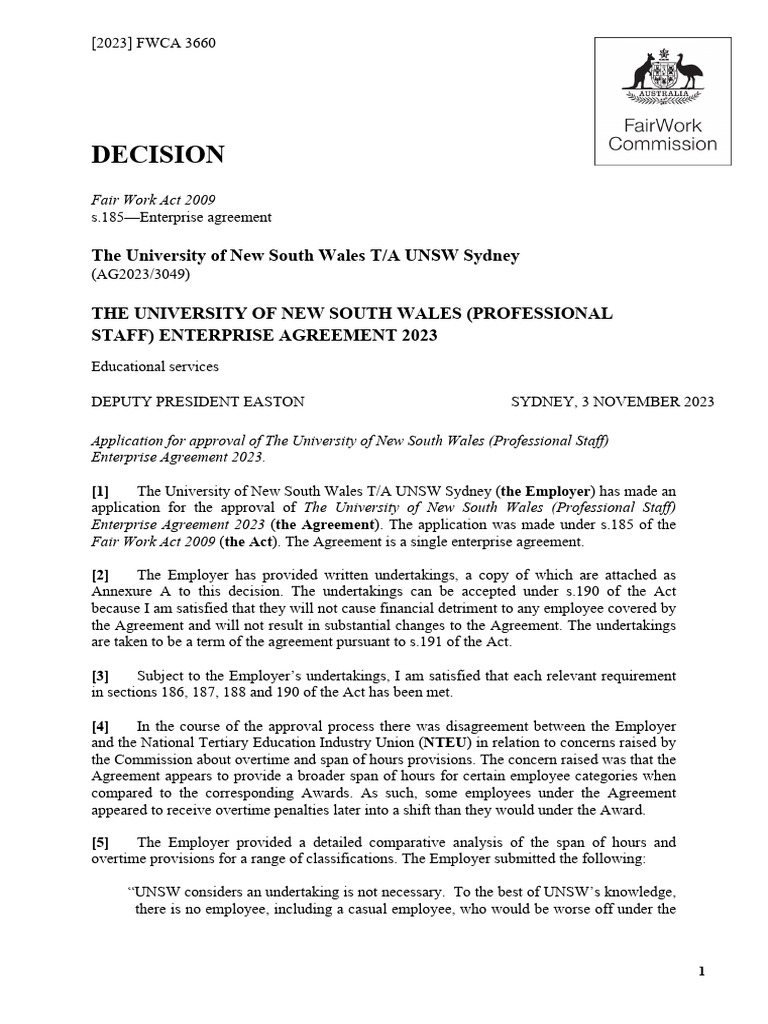 UNSW Professional Staff Agreement 2023 | PDF | Employment | Salary