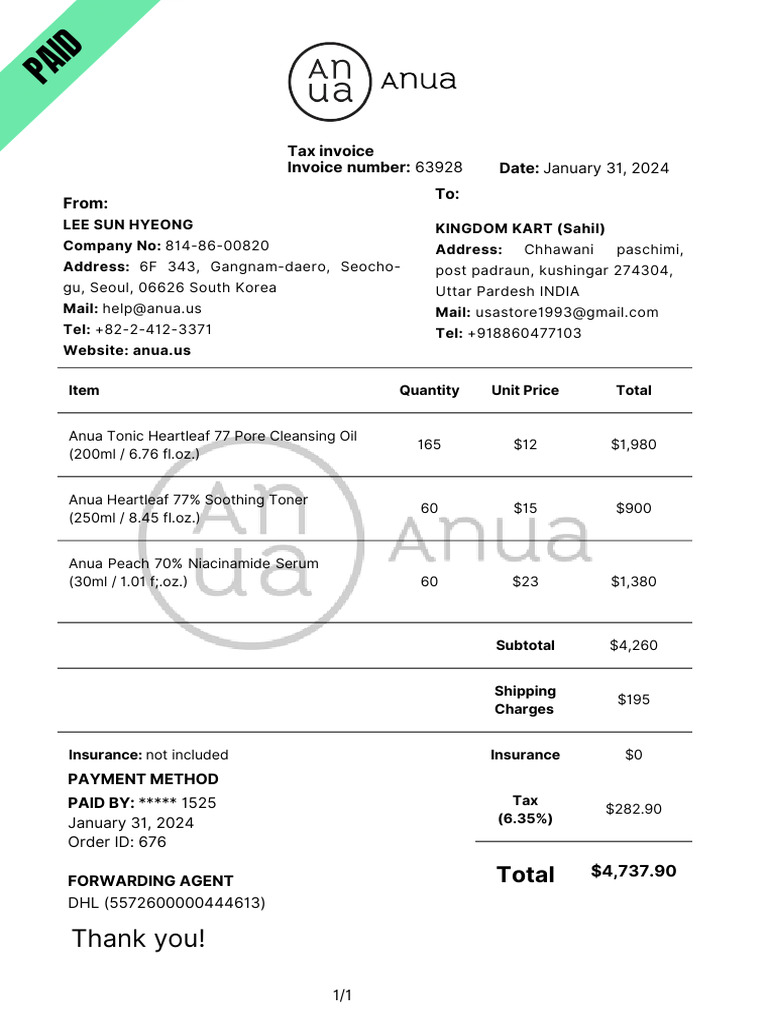 Anua Product Order Summary | PDF