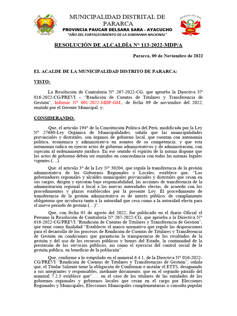 Resolucion de Transferencia de Gestion | PDF | Gobierno local ...