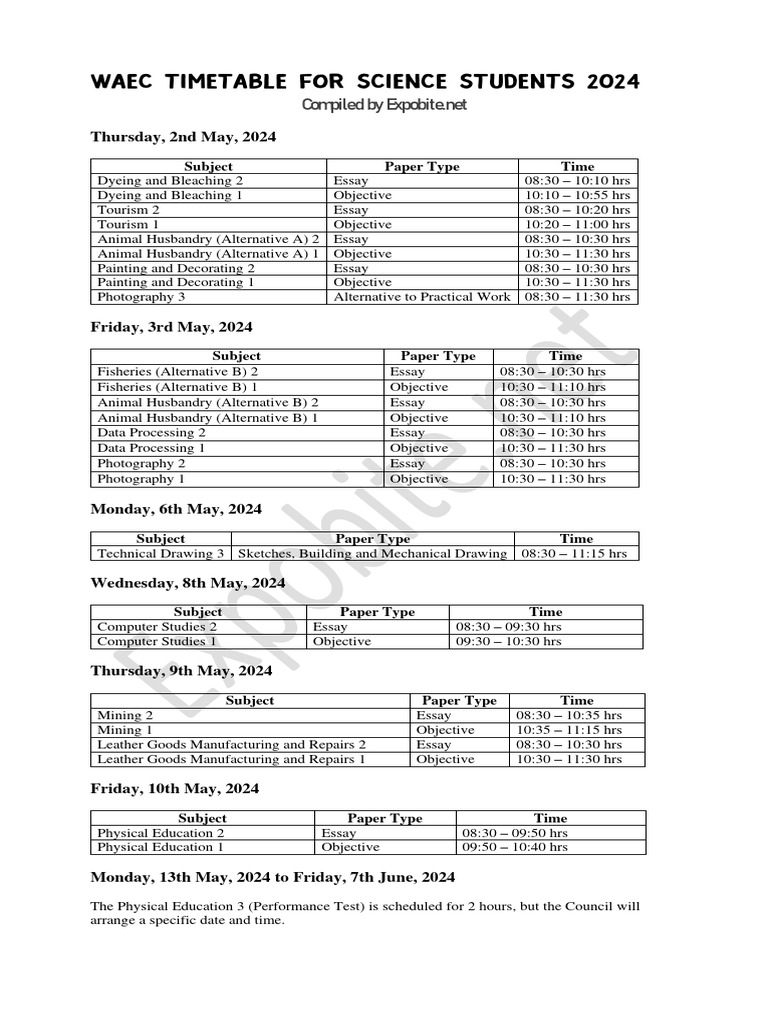 WAEC 2024 Timetable for Science Students | PDF | Drawing