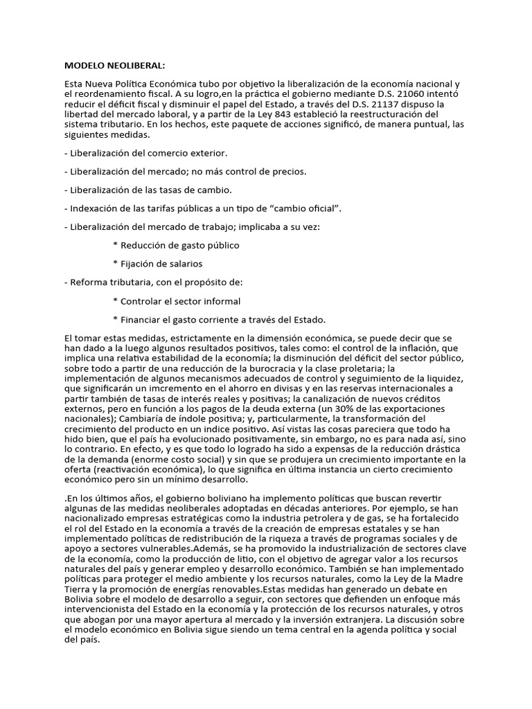 Neoliberales en Bolivia | PDF | Neoliberalismo | Balance presupuestario