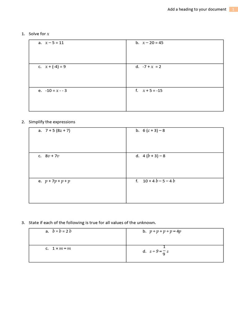 Y7-Relief Material Worksheet Set 1 Expressions | PDF | Mathematics