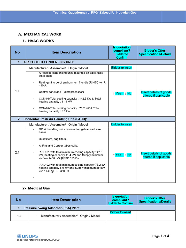 Technical RFQ for HVAC and Medical Systems | PDF | Pump | Energy Technology