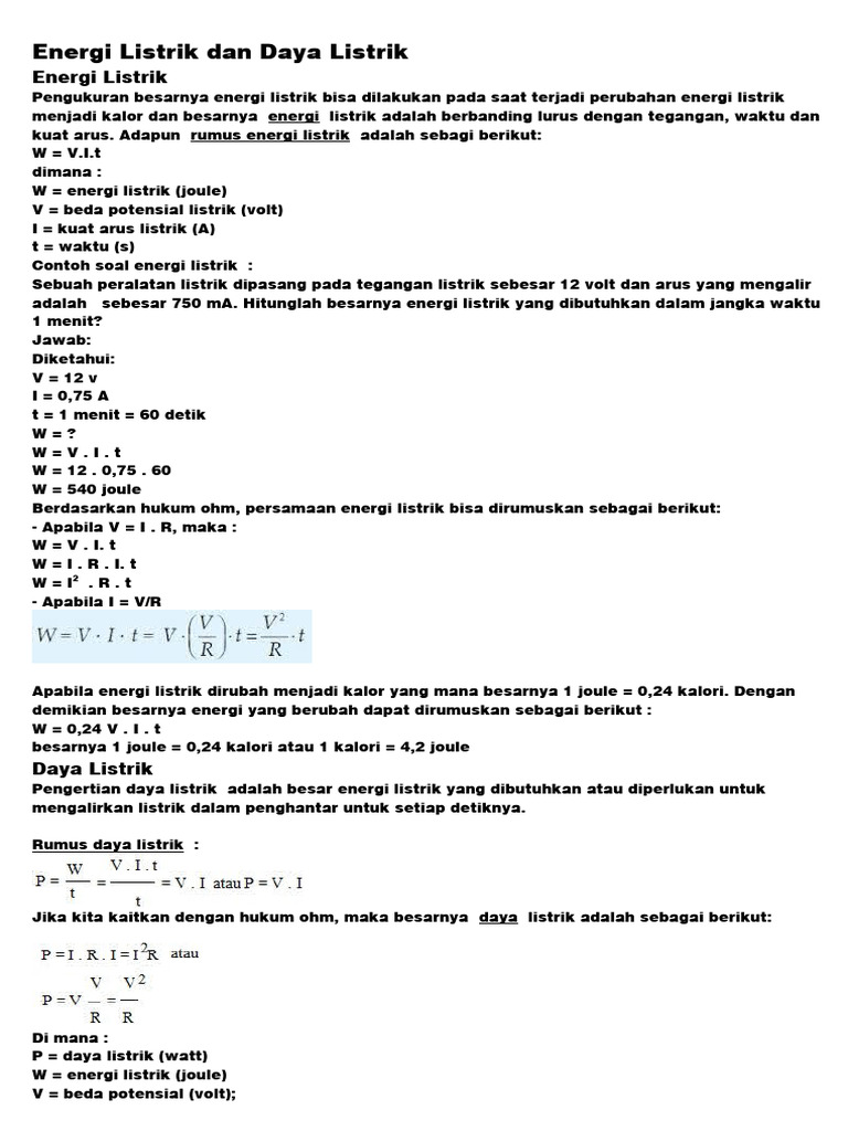 Energi dan Daya Listrik: Rumus dan Contoh | PDF | Griya & Taman ...