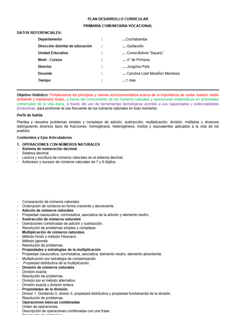 Plan de Desarrollo Curricular Primaria | PDF | Números | División ...