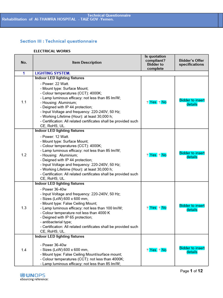 RFQ - Section - III - Technical - Questionnaire | PDF | Duct (Flow ...