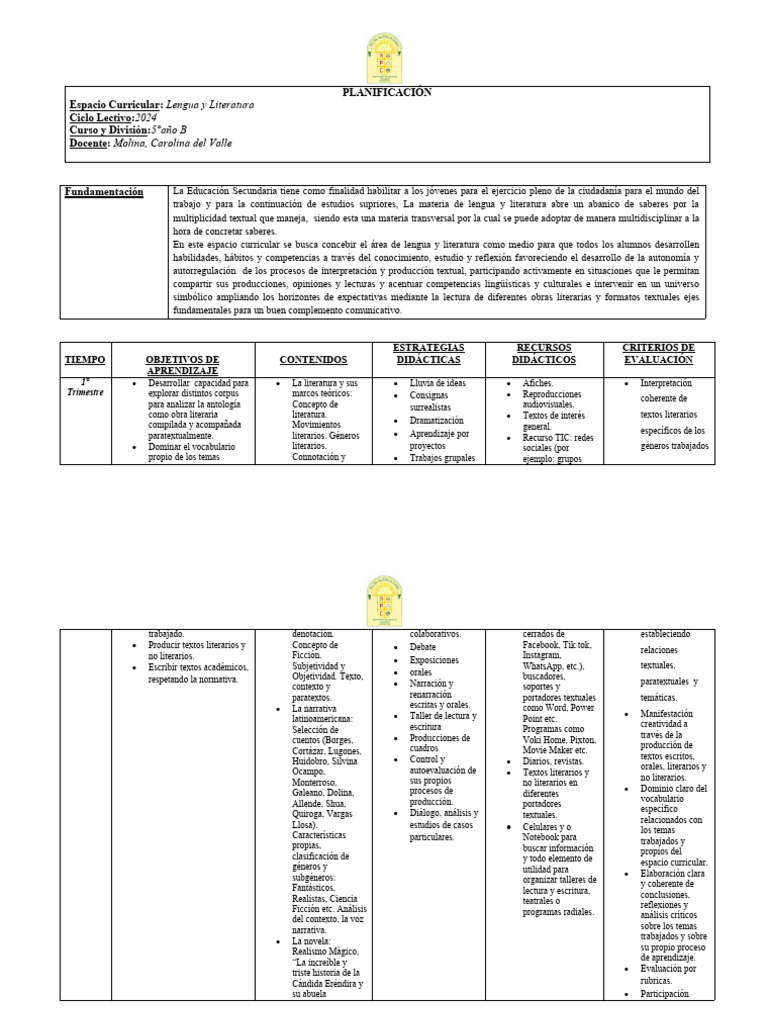 Planificación Anual Lengua y Literatura 5° | PDF | Evaluación | Publicación