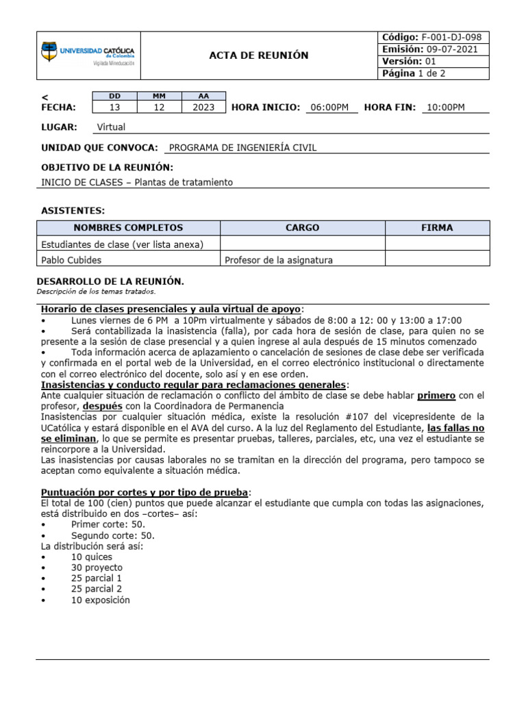 Acta de Reunión: Inicio Clases Ingeniería Civil | PDF