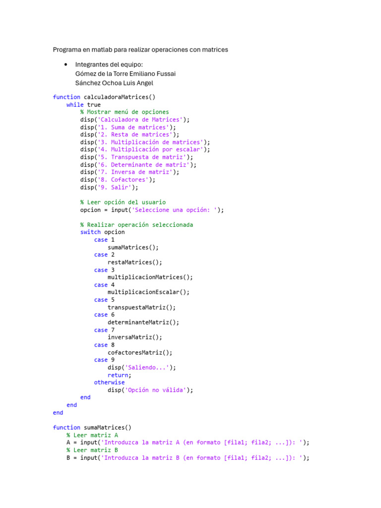 Calculadora de Operaciones con Matrices en MATLAB | PDF | Matriz ...