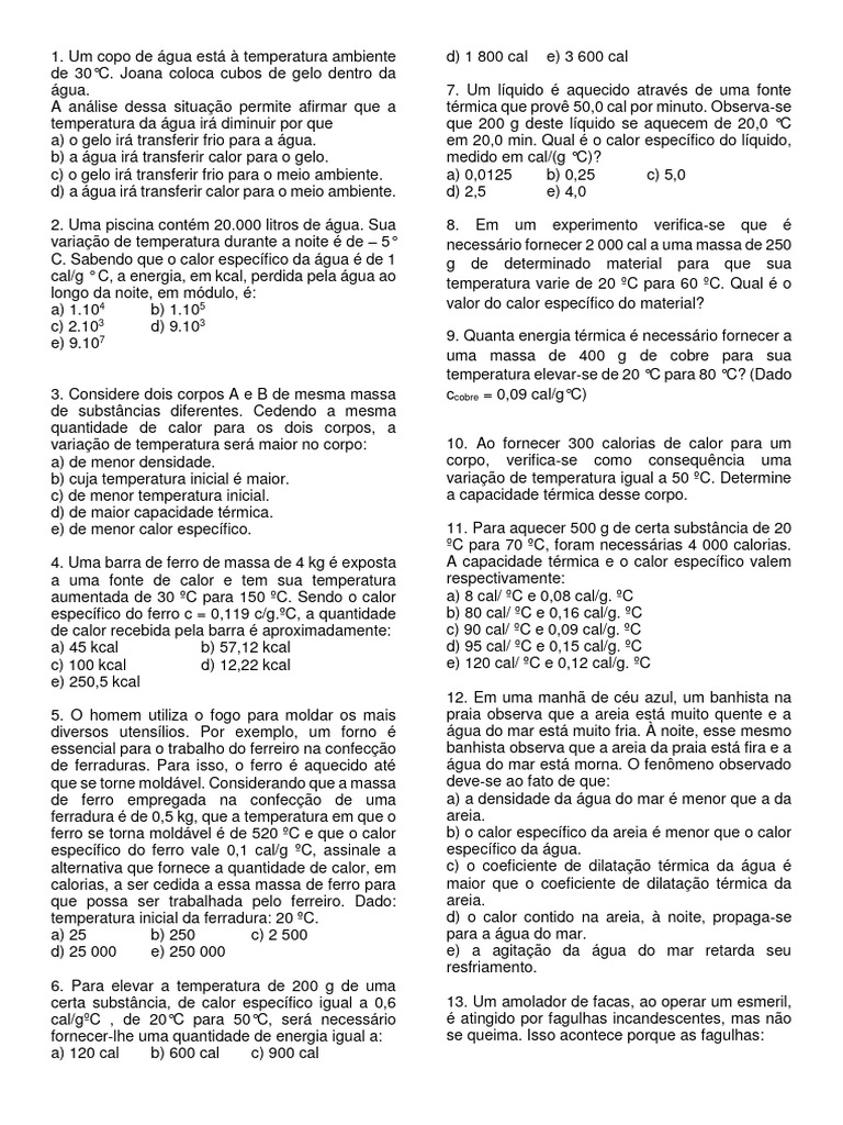 Exercícios de Calor e Temperatura | PDF | Calor | Temperatura