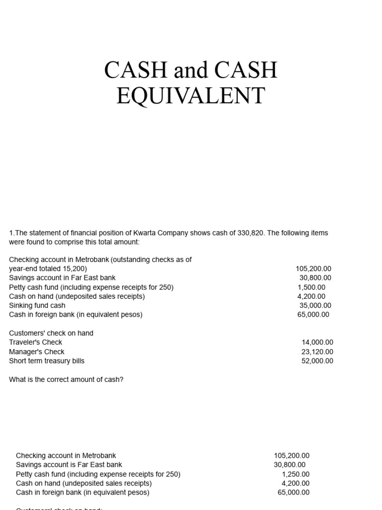 CASH and CASH EQUIVALENT EXERCISES PDF Cheque Receipt