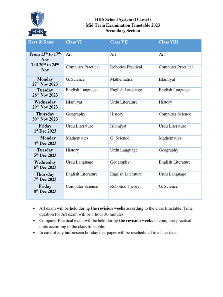 HHS O Level Mid Term Exam Timetable 2023 | PDF