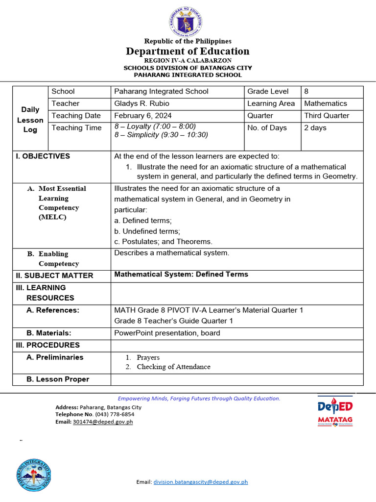 Lesson Plan in Math 8 Quarter 4 | PDF | Mathematics | Axiom