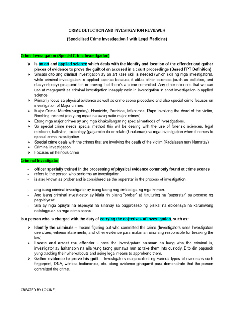 Crime Detection and Investigation Reviewer | PDF | Crime Scene ...