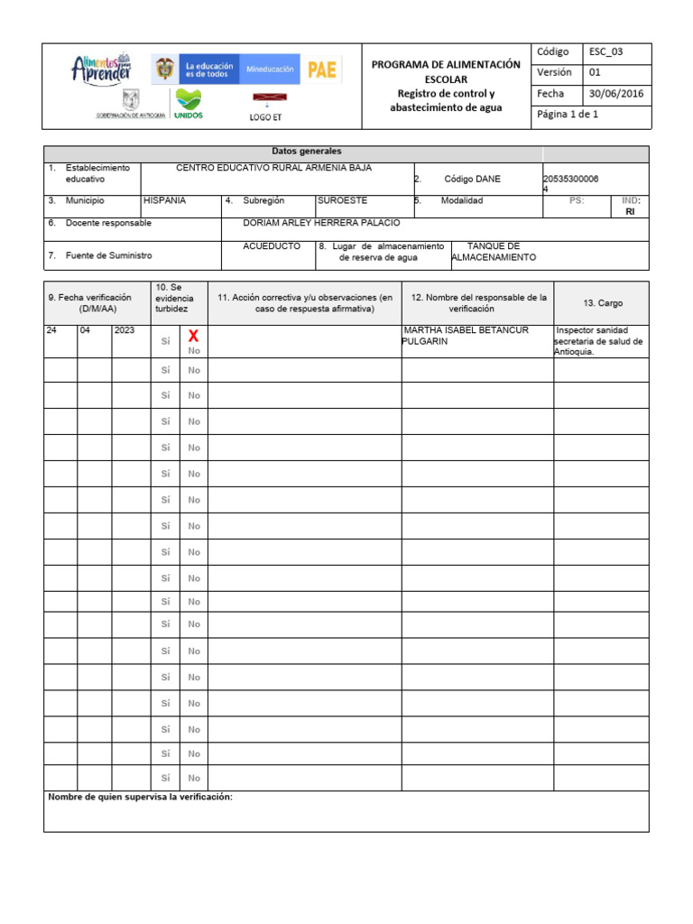 Registro Control y Abastecimiento de Agua PAE 2022 | PDF