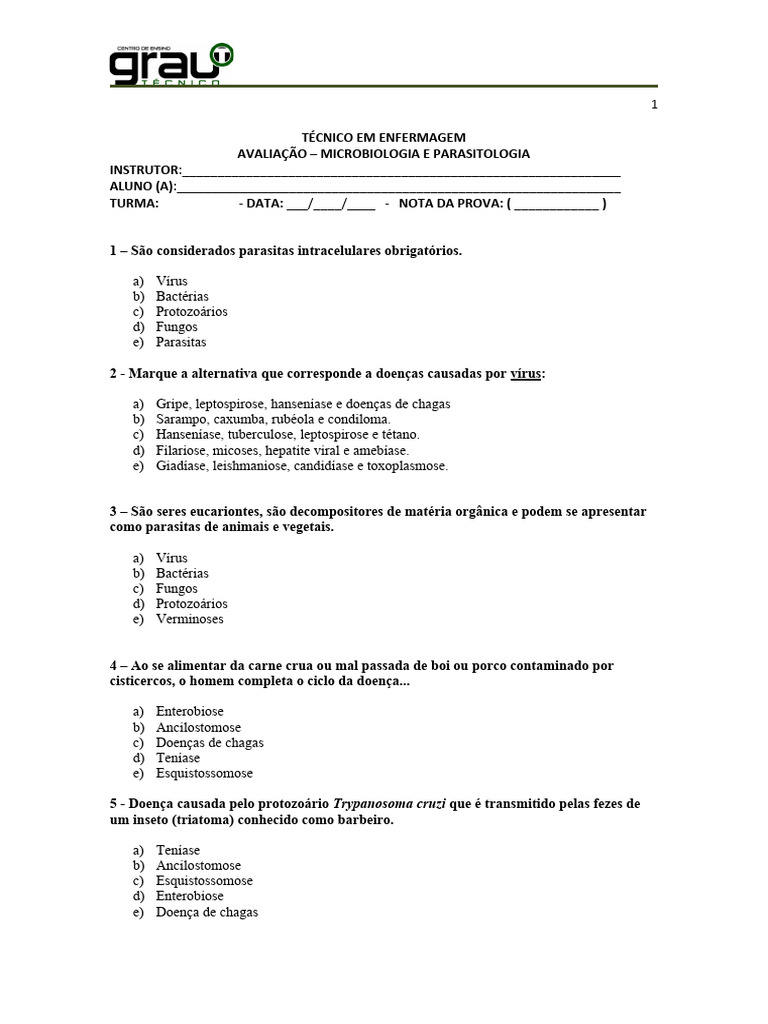 Prova de Microbiologia e Parasitologia | PDF | Vírus | Especialidades ...
