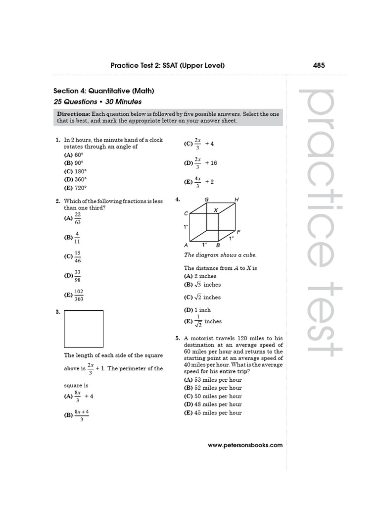 SSAT Upper Level Practice Test 2 | PDF | Area | Inch