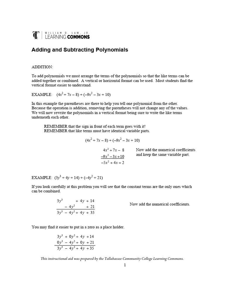 Adding and subtracting polynomials 23 pdf polynomial arithmetic