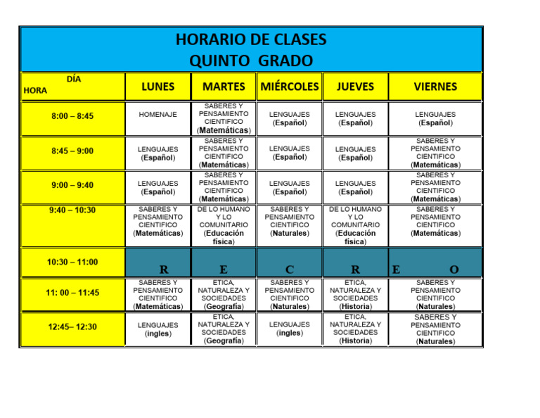 Horario de Clases Quinto Grado PDF Ciencias de la Tierra Science