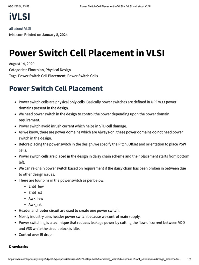 14power Switch Cell Placement in VLSI | PDF