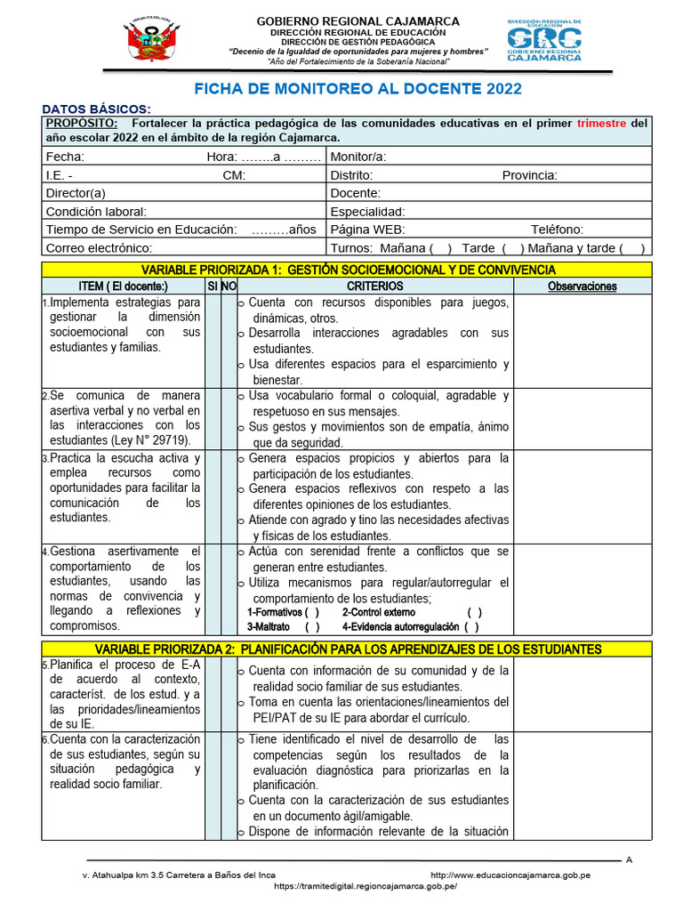 Ficha de Monitoreo Docente 2022 Con Aportes Dre-Ugel | PDF | Evaluación ...