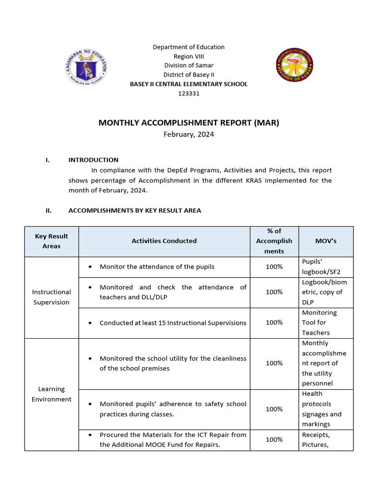 Basey II Central School Monthly Report February 2024 | PDF | Teachers ...