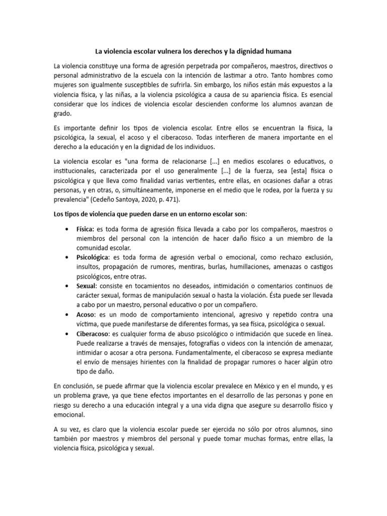 Violencia escolar y dignidad humana | PDF | Violencia | Acoso cibernético