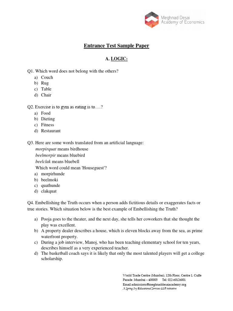 Sample Entrance Test | PDF | Bric | Inflation