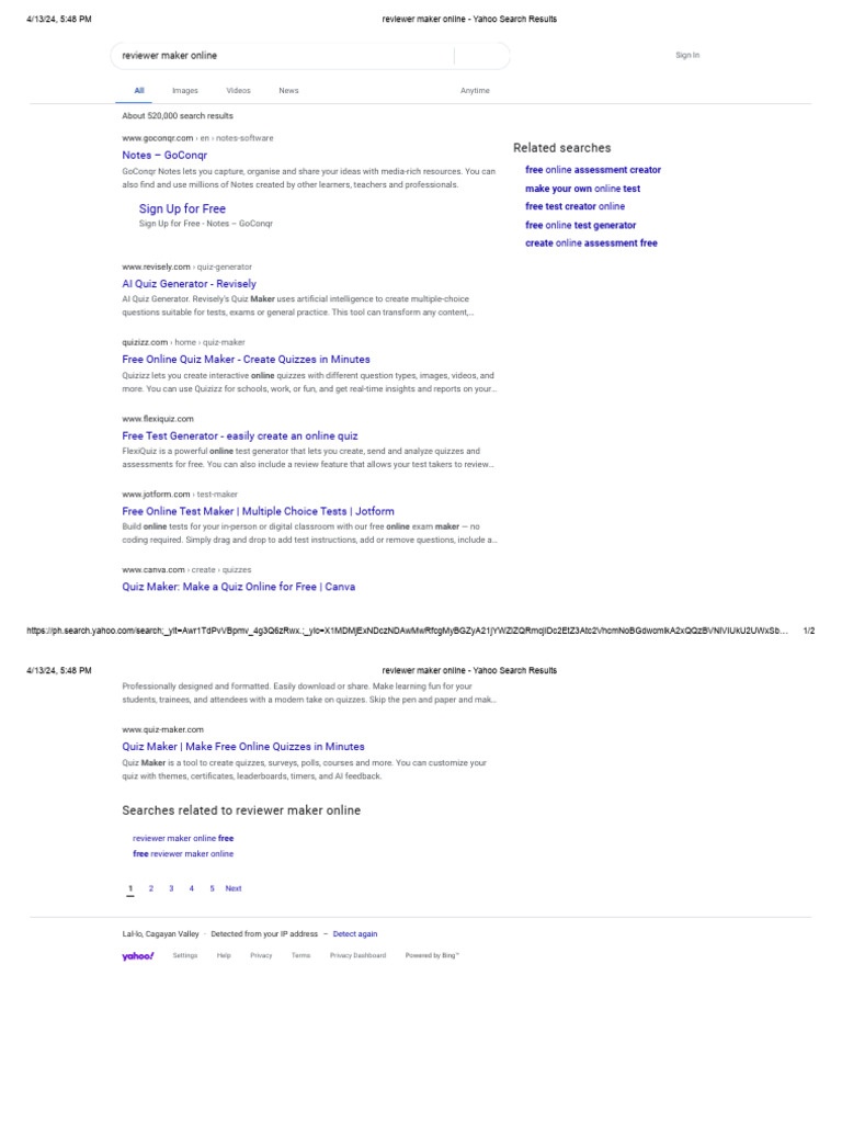 Reviewer maker online yahoo search results pdf quiz artificial