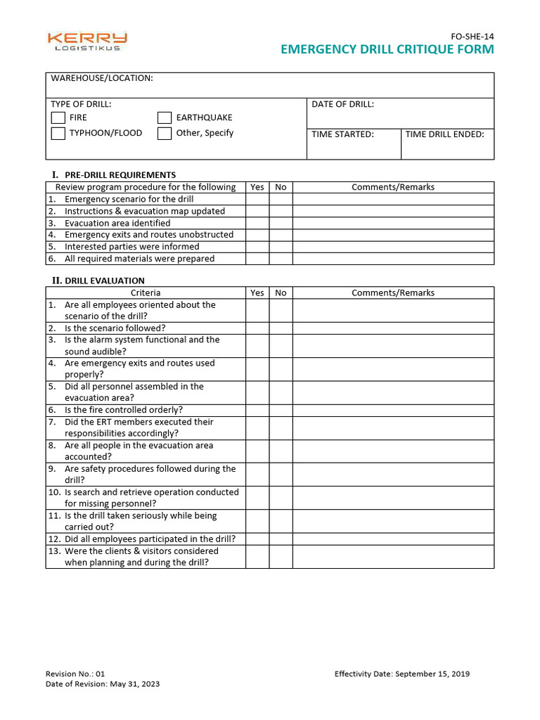 FOSHE14 Emergency Drill Critique Form PDF Emergency Evacuation
