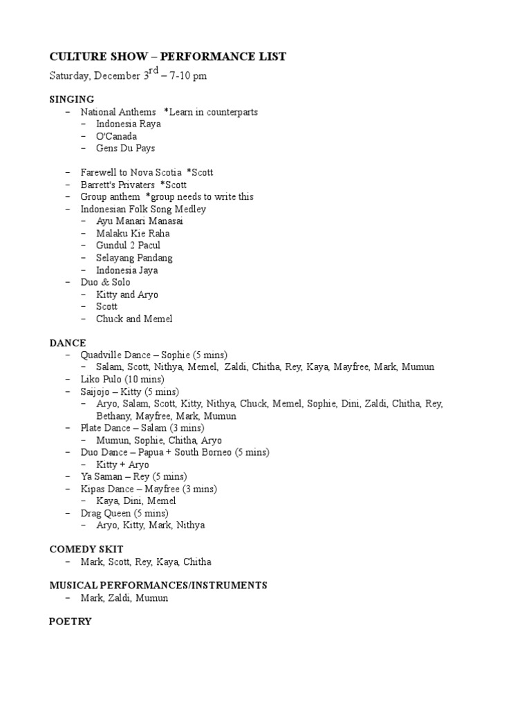 Culture Show Performance Schedule | PDF | Travel