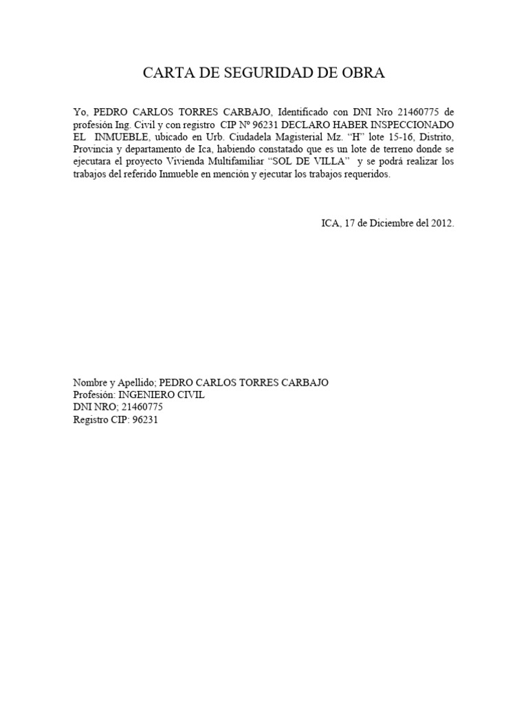 CARTA DE SEGURIDAD DE OBRA | PDF | Documento de identidad