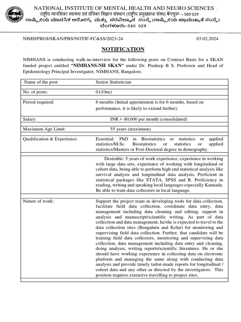 NIMHANS Walk-in Interview for Statisticians | PDF | Data | Statistics